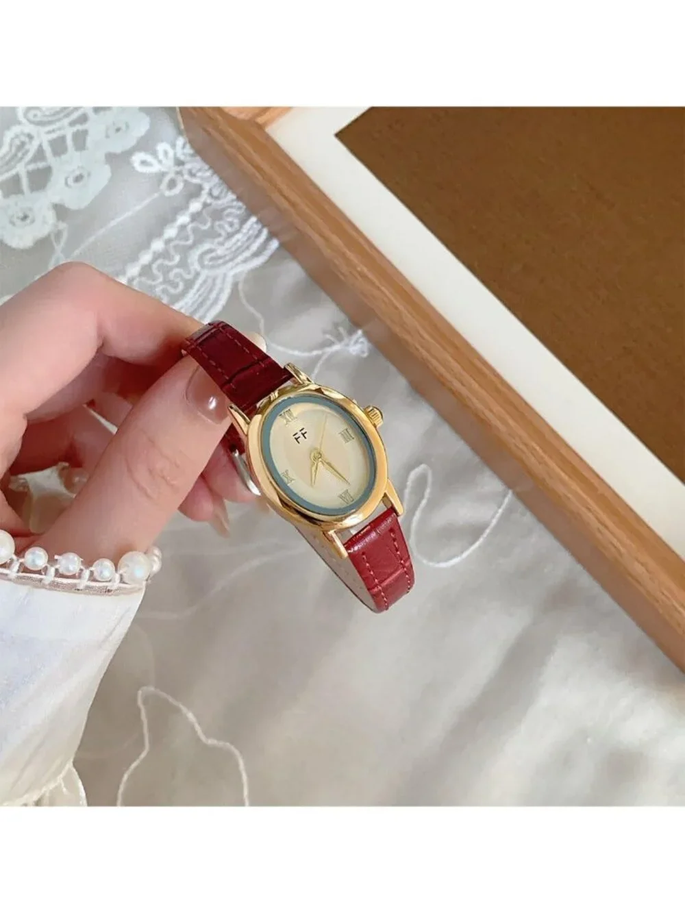 Women's Red Vintage Oval Analog Quartz Roman Numeral Dial Leather Strap Watch